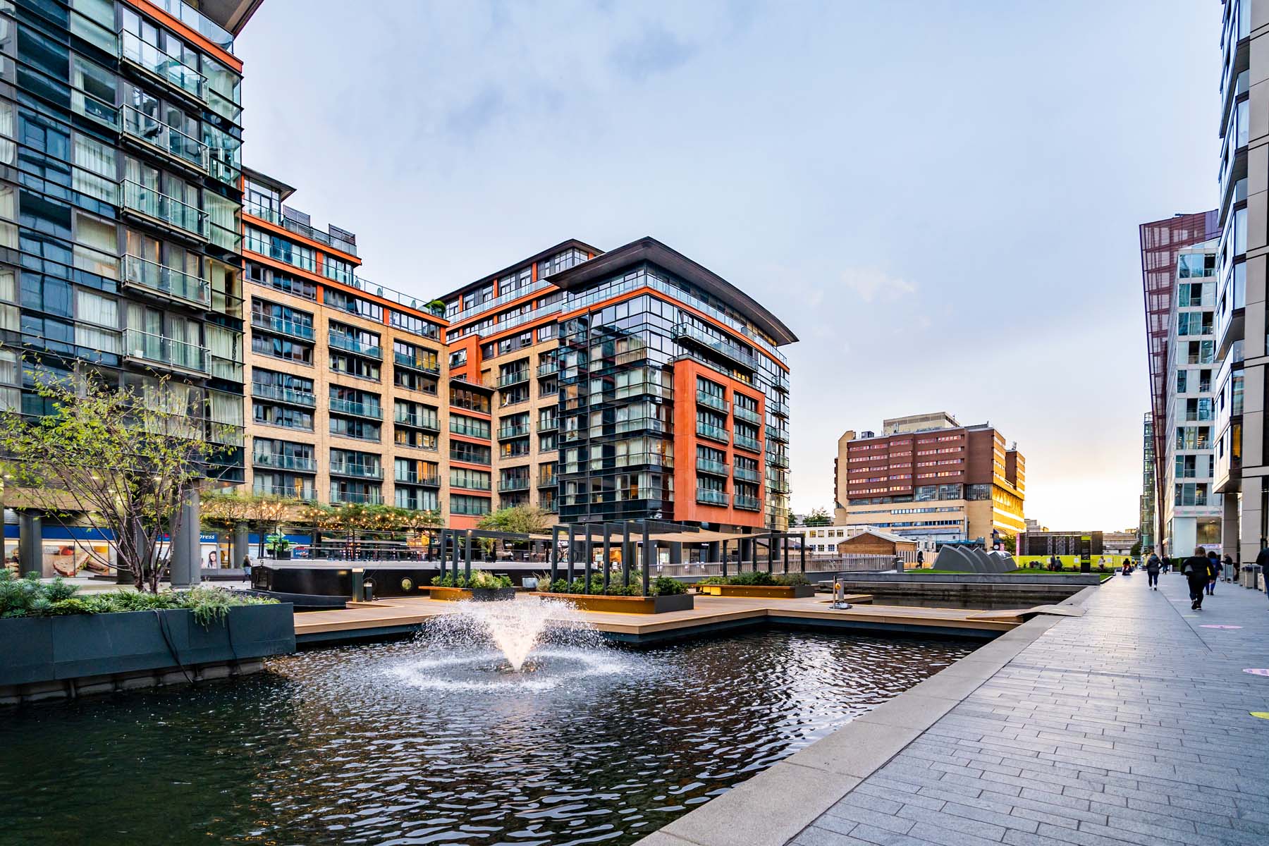 Merchant Square East Modern apartment buildings residential area with floating pocket park